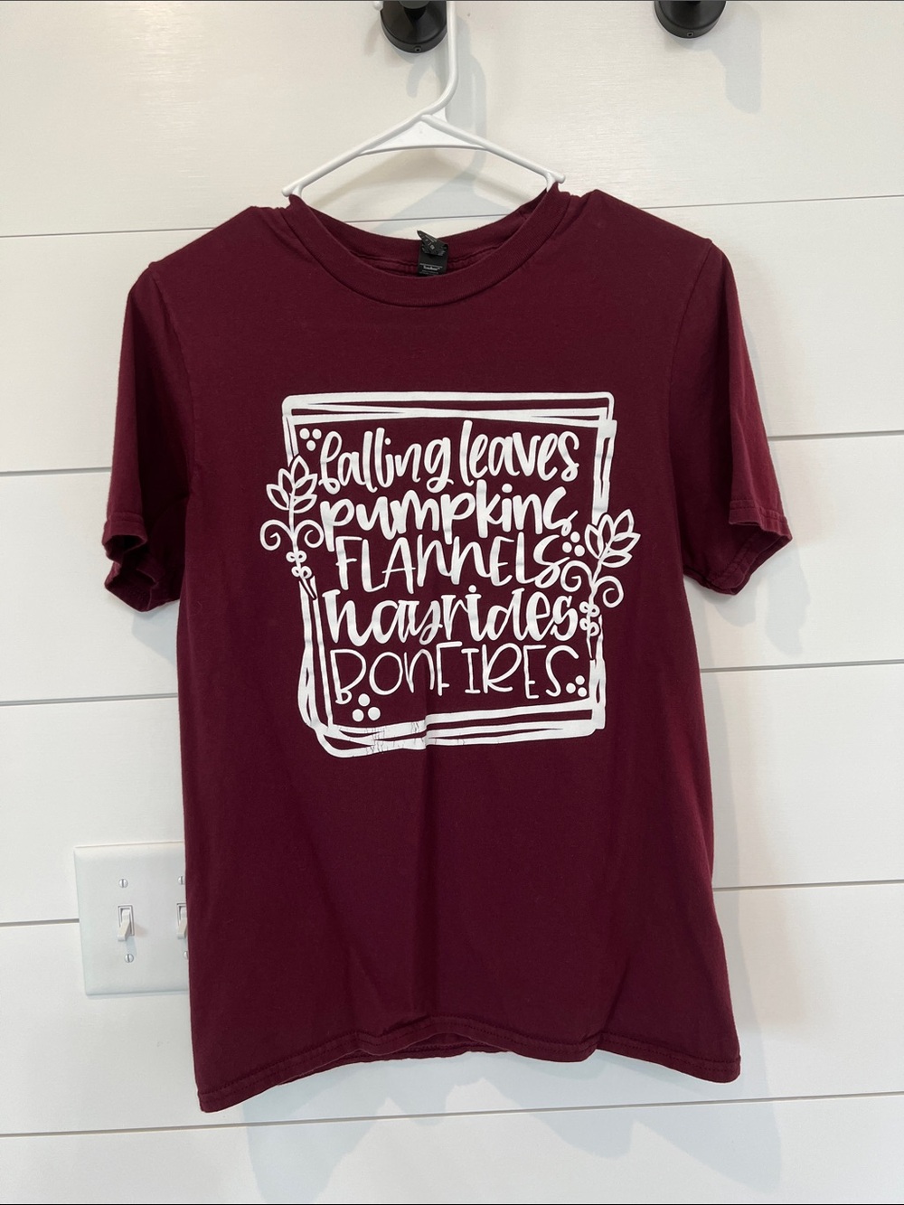 Anvil Burgundy Short Sleeve Tee with White Fall Script Graphic